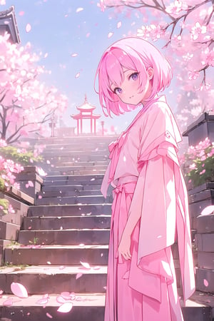 masterpiece, best quality, aesthetic,1 girl,Simple Sakura, cherry blossoms, short-hair, pink_hair, temple, tree, stairs, sky, pink eyes