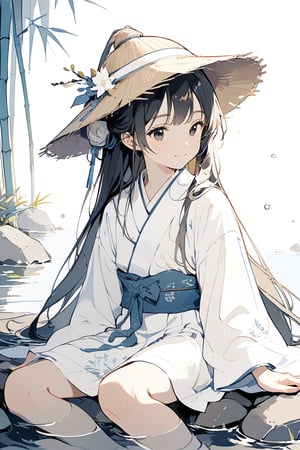 (1boy, bamboo hat, hair tied up into a bun, black hair, long hair, straight hair, black eyes, 17 years old,), masterpiece, best quality,  Beautifully Aesthetic, portrait, fullbody, looking at viewer, smiling, happy, gentle greenery, hair is tied up by a white band, white daoist robes, robe, chinese dress, white theme, wide sleeves, long sleeves, ethereal, peaceful, serene, innocent, chinese aesthetic, perfect detail, simple background, pencil sketch, sitting, surrounded by water, clear water, rocks, pebbles