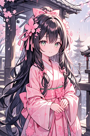 (1girl, long hair, black hair, wavy hair, pink inner hair, pink and green eyes, ), (masterpiece, best quality:1.4), (Beautifully Aesthetic:1.2), kimono, checkerboard pattern, pink kimono, floral print, hanfu, happy, smiling, cherry blossom, sakura, temple, stairs, tree, sky, rain, dew, ,Simple Sakura