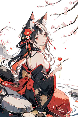 (1girl, black fox ears, animal ear fluff, black fox tail, black hair, long hair, red inner hair, 17 years old,), masterpiece, best quality,  Beautifully Aesthetic, portrait, fullbody, looking at viewer, smiling, happy, gentle greenery, hair ornament, hanfu, magatama necklace, fur trim, kimono, black kimono, exquisite design, cat_collar, exposed shoulders, wide sleeves, long sleeves, cleavage, busty model, ethereal, holding flower, glamourous, japanese aesthetic, perfect detail, simple background, pencil sketch, sitting, surrounded by water, in the middle of a pond on a rock, clear water, koi fish, fish, rocks, pebbles,Tekeli,red eyes