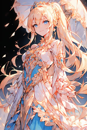 (1girl, blonde hair, ponytail, long hair, straight hair, small breasts, crystal blue eyes), (masterpiece, best quality:1.4), (Beautifully Aesthetic:1.2), smiling, happy, fullbody, pink gown, gown, umbrella, crown, princess, pearl earrings, victorian era dress, intricate background, glamorous lighting, ,1 girl