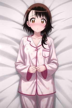 Masterpiece:1.2, Best_Quality:1.2, 8k:1.2, uhd:1.2, highres:1.2, Extremely_Detailed_8k_Wallpaper:1.2, 1girl, cowboy shot, cute pajama, white pajama, Anime, eft_nisekoi_ondera, Short_Hair, Brown_Hair, Brown_Eyes, Detailed_pupils, Blush, Ultra_Details, laying_down_in_bed, looking at viewer, bedroom, 