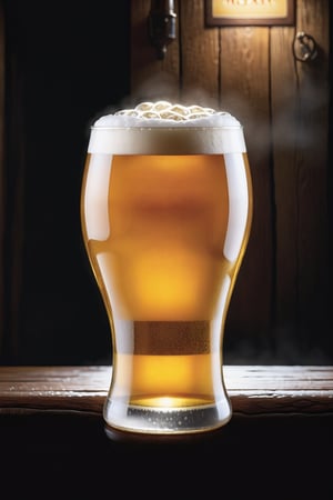 Create a hyper-realistic image of a chilled glass of Lager beer. The beer should have a light golden color, a frothy white head, and condensation on the glass. Include a background with a cozy pub setting, dim lighting, and a wooden bar counter.
