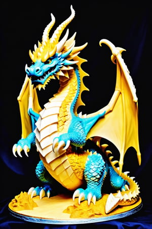 Imagine a monster-dragon made entirely of cheese, This dragon has an imposing and detailed appearance, with scales and wings formed by different types of cheese (cheddar, mozzarella, parmesan, etc.). Its body is composed of a mix of hard and soft cheeses, creating a varied texture. The dragon's eyes are made of bright blue cheese, and its tail is made of strips of provolone cheese, The dragon is in a cave filled with melted cheeses and fondues, emanating a golden glow, The scene is detailed, realistic, and vibrant, with a focus on the texture and color of the different cheeses that make up the dragon