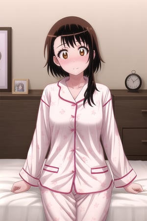 Masterpiece:1.2, Best_Quality:1.2, 8k:1.2, uhd:1.2, highres:1.2, Extremely_Detailed_8k_Wallpaper:1.2, 1girl, cowboy shot, cute pajama, white pajama, Anime, eft_nisekoi_ondera, Short_Hair, Brown_Hair, Brown_Eyes, Detailed_pupils, cute face, Shy Blush, Ultra_Details, laying_down_in_bed, looking at viewer, bedroom, 