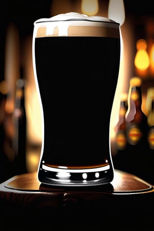 Create a hyper-realistic image of a pint of Stout beer, The beer should be pitch black with a thick, creamy, tan head, The background should feature a cozy, dimly-lit pub with leather seats, wooden tables, and an inviting atmosphere.
