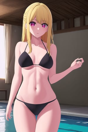 Masterpiece:1.2, Best Quality:1.2, 8k:1.2, uhd:1.2, highres:1.2, Extremely Detailed 8k Wallpaper:1.2, cowboy shot, 1girl, solo, long Hair, blonde Hair, Pink Eyes, Detailed pupils, Seductive Face, excellent body shapes, seductive bikini, GothicC, pool