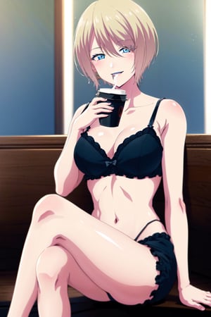 masterpiece, best quality, highres, 1girl, solo, blue eyes, short hair, blonde hair, AKANEH, sexy lingerie, sitting, crossed legs, drinking coffee, smile