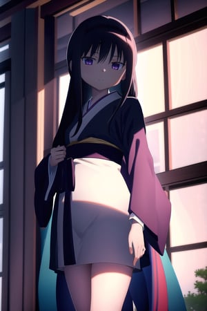Prompt: Masterpiece:1.2, Best Quality:1.2, 8k:1.2, uhd:1.2, highres:1.2, extremely detailed 8k wallpaper:1.2, 1girl, solo, Akemi Homura, long hair, black hair, purple eyes, poker face, black kimono, looking at viewer, japanese park