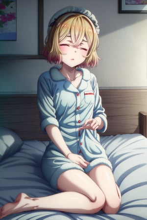 (masterpiece:1.2), (best quality:1.2), (uhd:1.2), (8k:1.2), perfect face, 1girl, mami nanami, solo, sexy pajama, night cap, short hair, blonde hair, barefeet, laying on bed, sleeping, closed eyes
