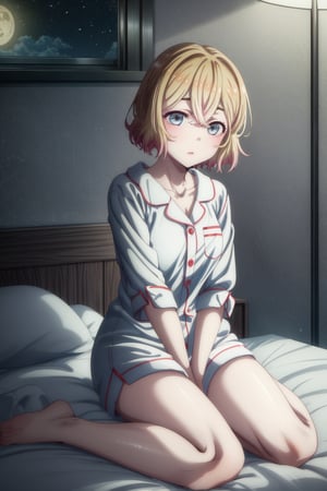 (masterpiece:1.2), (best quality:1.2), (uhd:1.2), (8k:1.2), 1girl, solo, mami nanami, sexy pajama, short hair, blonde hair, laying_in_bed, night cap