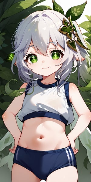 score_9, score_8_up, score_7_up, (little girl), her green eyes and smile show innocence, her white hair is short and straight, flat chest, she is looking at the viewer, she is wearing a gym uniform, (sleeveless), (crop top), blue buruma, (navel), (hands don hip), she is standing on the street with many plants, you can see clouds and sun in the part bottom, Nahida_(Genshin_Impact)