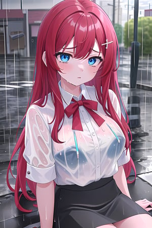 (1girl:1.1), (long hair:1.1), (hair ornament:1.1), (red hair:1.1), (blue eyes:1.1), (Dramatic expression:1.3), (Sad:1.1), (white Blouse:1.1), (black skirt:1.1), (sitting:1.3), (portrait:1.3), (Street:1.3), (Rain:1.3), (Cloudy;1.3), (masterpiece:1.2), (best quality:1.2), (4k:1.2), (uhd:1.2), (extremely detailed 8K wallpaper:1.2), (highres:1.2)