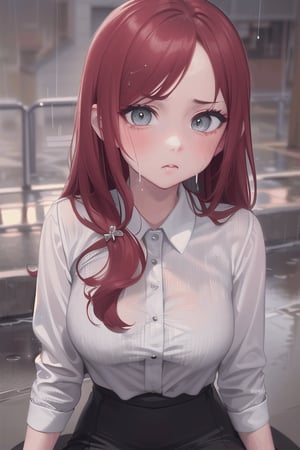 (1girl:1.1), (long hair:1.1), (hair ornament:1.1), (red hair:1.1), (blue eyes:1.1), (Dramatic expression:1.3), (Sad:1.1), (white Blouse:1.1), (black skirt:1.1), (sitting:1.3), (portrait:1.3), (Street:1.3), (Rain:1.3), (Cloudy;1.3), (masterpiece:1.2), (best quality:1.2), (4k:1.2), (uhd:1.2), (extremely detailed 8K wallpaper:1.2), (highres:1.2)