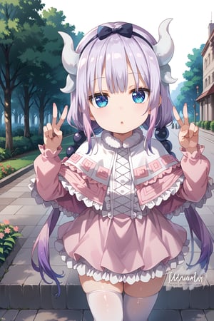 score_9, score_8_up, score_7_up. (loli:1.7), Kanna_Kamui, solo, blue_eyes, purple_hair, long_hair, low_twintails, hair_beads, flat_chest, gradient_hair, white horns, dragon_horns, frilled_dress, short_dress, headband, hair_bow, long_sleeves, pink_sleeves, white_thighhighs, white_dress, pink_dress, fur_trimmed_capelet, white_capelet, anime_coloring, thighs, nice_hands, looking_at_viewer, pov_eye_contact, standing, park, floor, plants, trees, shrubbery, (double v:1.5)