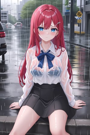 (1girl:1.1), (long hair:1.1), (hair ornament:1.1), (red hair:1.1), (blue eyes:1.1), (Dramatic expression:1.3), (Sad:1.1), (white Blouse:1.1), (black skirt:1.1), (sitting:1.3), (Street:1.3), (Rain:1.3), (Cloudy;1.3), (masterpiece:1.2), (best quality:1.2), (4k:1.2), (uhd:1.2), (highres:1.2)