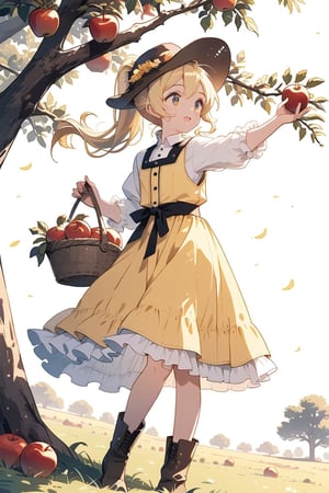 girl picking apples from an apple tree wearing a cowboy outfit with cowboy hat and boots, her yellow hair in a ponytail,cute anime,anime