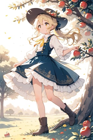 girl picking apples from an apple tree wearing a cowboy outfit with cowboy hat and boots, her yellow hair in a ponytail,cute anime,anime