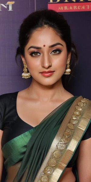 yami Gautam 25 year old , women,Generate hyper realistic image of a beautiful (wearing black and golden saree ) , long black hair, vermillion centre hairline, sindoor, forehead mark, forehead sindoor,(( indian sindoor )), indian earrings jhumka jewellery, necklace green studded stone, captivating brown eyes, {{{ maroon lipstick, face wrinkles, under eye,  massive breasts }}}, and a confident gaze directed at the viewer, head to toe shot, posing full view, bbw