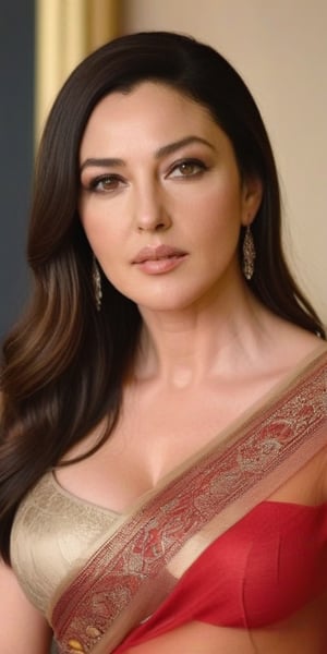 Monica Bellucci, 38 year old ,Generate hyper realistic image of a beautiful wearing golden saree , long black hair, captivating brown eyes, red lips, big breasts, and a confident gaze directed at the viewer.head to toe shot, posing full view