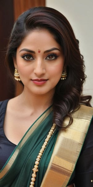 yami Gautam 25 year old , women,Generate hyper realistic image of a beautiful, cheek dimples (wearing black and golden saree ) , long black hair, vermillion centre hairline, sindoor, forehead mark, forehead sindoor,(( indian sindoor )), indian earrings jhumka jewellery, necklace green studded stone, captivating brown eyes, {{{ maroon lipstick, face wrinkles, under eye,  massive breasts }}}, and a confident gaze directed at the viewer, head to toe shot, posing full view, bbw