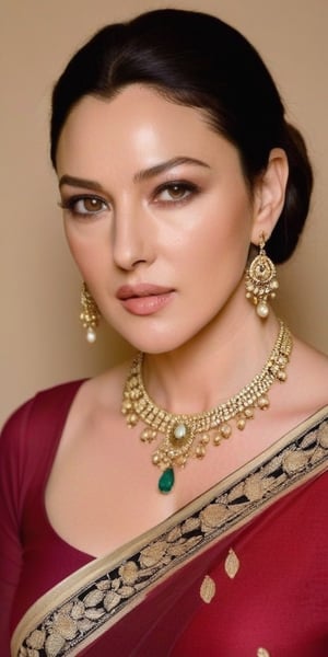 Monica Bellucci, 38 year old , mid aged women,Generate hyper realistic image of a beautiful wearing golden saree , long black hair, vermillion centre hairline, sindoor, forehead mark, forehead sindoor,((  indian sindoor )), indian earrings jhumka jewellery, captivating brown eyes, {{{ maroon lipstick, face wrinkles, under eye,  massive breasts }}}, and a confident gaze directed at the viewer, head to toe shot, posing full view