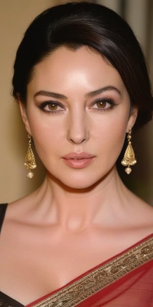 Monica Bellucci, 38 year old , mid aged women,Generate hyper realistic image of a beautiful wearing golden saree , long black hair, vermillion centre hairline, sindoor, forehead mark, forehead sindoor, indian sindoor, indian earrings jhumka jewellery, captivating brown eyes, {{{ maroon lipstick, face wrinkles, under eye,  massive breasts }}}, and a confident gaze directed at the viewer, head to toe shot, posing full view