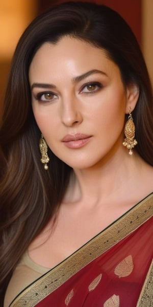 Monica Bellucci, 38 year old , mid aged women,Generate hyper realistic image of a beautiful wearing golden saree , long black hair, vermillion centre hairline, sindoor, forehead mark, forehead sindoor, indian sindoor, indian earrings jhumka jewellery, captivating brown eyes, {{{ maroon lipstick, face wrinkles, under eye,  massive breasts }}}, and a confident gaze directed at the viewer, head to toe shot, posing full view