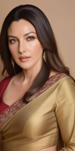 Monica Bellucci, 38 year old , mid aged women,Generate hyper realistic image of a beautiful wearing golden saree , long black hair, vermillion centre hairline, sindoor, forehead mark, captivating brown eyes, red lipstick, (( massive breasts)), and a confident gaze directed at the viewer, head to toe shot, posing full view