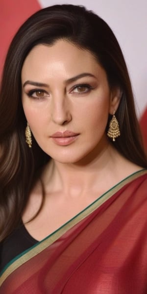 Monica Bellucci, 38 year old , mid aged women,Generate hyper realistic image of a beautiful wearing golden saree , long black hair, vermillion centre hairline, sindoor, forehead mark, forehead sindoor,((  indian sindoor )), indian earrings jhumka jewellery, captivating brown eyes, {{{ maroon lipstick, face wrinkles, under eye,  massive breasts }}}, and a confident gaze directed at the viewer, head to toe shot, posing full view