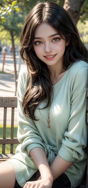 1girl, solo, long hair, looking at viewer, smile, black hair, upper body, outdoors, teeth, grin, tree, realistic, bench