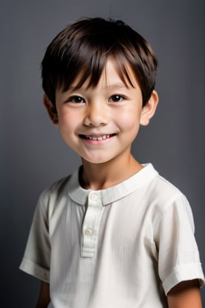 11-year-old Japanese boy,Smile,short-hair,Half-length ID photo,white short shirt,gray background, eyes looking straight ahead.