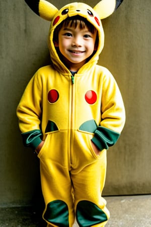 11-year-old Japanese boy,Smile,short-goldren hair,Full body-length ID photo,Body facing forward,Pikachu suit,gray background, eyes looking straight ahead.