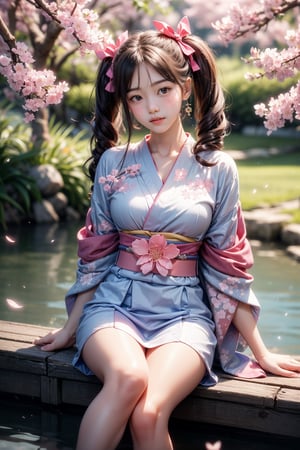 Masterpiece, high resolution, pretty Korean girl, big eyes, (pale pink twin tails 1.2), purple bow headband, thin eyebrows, light blue eyes, sitting by the river in a dreamy beautiful forest (sakura kimono: 1.4), long skirt, touched smile, facial flushing, cherry blossom trees.