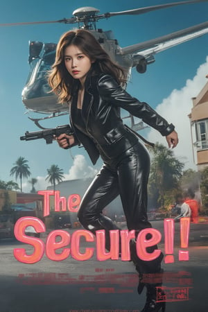 (Retro hue:1.3).Dramatic movie poster depicting scenes from 1980s movies. During a chase, a asian woman (brown hair,fair skin) wearing a black leather black hang below helicopter and hold the rope by one hand , another hand holding a large gun and looking angry. The background is a 1980s style Miami urban setting with pastel houses and palm trees, a deep blue sky and white fluffy clouds. There's smoke and haze from the helicopter, and the movie's big title is "The Secure!," and the subtext . There are various movie credits at the bottom of the poster and logo.(fair skin:1.3)