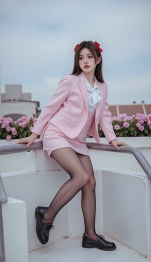 hd,,close up,A girl dressed in a pink and white school uniform, adorned with a red bow in her hair. She is perched on a concrete railing, her left hand resting on the railing. The woman's right leg is crossed, her right leg resting on a white platform.brown shiny pantyhose,The backdrop, a row of pink flowers can be seen, adding a touch of color to the scene. The sky is a muted blue, with a few wispy clouds in the sky.big eyes,bust shot,In the coffin,
