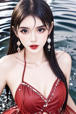 1girl, solo, long hair, breasts, looking at viewer, black hair, dress, bare shoulders, jewelry, medium breasts, upper body, earrings, parted lips, detached sleeves, water, black eyes, from side, lips, sideboob, facial mark, water drop, forehead mark, realistic,bust_shot,aheago,brown pupil,huge pupil,