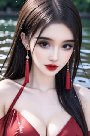 1girl, solo, long hair, breasts, looking at viewer, black hair, dress, bare shoulders, jewelry, medium breasts, upper body, earrings, parted lips, detached sleeves, water, black eyes, from side, lips, sideboob, facial mark, water drop, forehead mark, realistic,bust_shot,aheago,