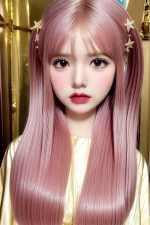 a cute doll, cyan pink hair, long gold and white dress ocean cliff, detailed face, vines, stars, ((surrealism)), (abstract), intricately detailed   art triadic colors, fantastical, splash screen, fantasy high magic concept art, 8k resolution, (masterpiece), oil painting, heavy strokes, HW*,long hair ,hair bangs are above the eyebrows,pink lips,no bang,Narin,beautyniji,1girl,women,girl,realistic,EpicDoll,pink lips,EpicMakeup,short neck,cute face,