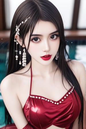 1girl, solo, long hair, breasts, looking at viewer, black hair, dress, bare shoulders, jewelry, medium breasts, upper body, earrings, parted lips, detached sleeves, water, black eyes, from side, lips, sideboob, facial mark, water drop, forehead mark, realistic,bust_shot,aheago,brown pupil,huge pupil,