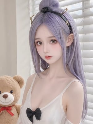 HD,The image is a portrait of a young woman with long purple hair. She is wearing a white dress with a black bow on the front and a black headband with a large bow on top. The woman is standing in front of a window with white blinds and there is a teddy bear with a red bow on its chest next to her. She has a serious expression on her face and is looking directly at the camera. The overall mood of the image is playful and whimsical.