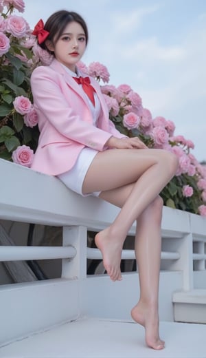 hd,,close up,A girl dressed in a pink and white school uniform, adorned with a red bow in her hair. She is perched on a concrete railing, her left hand resting on the railing. The woman's right leg is crossed, her right leg resting on a white platform. shiny pantyhose,The backdrop, a row of pink flowers can be seen, adding a touch of color to the scene. The sky is a muted blue, with a few wispy clouds in the sky.big eyes,brown shiny pantyhose
