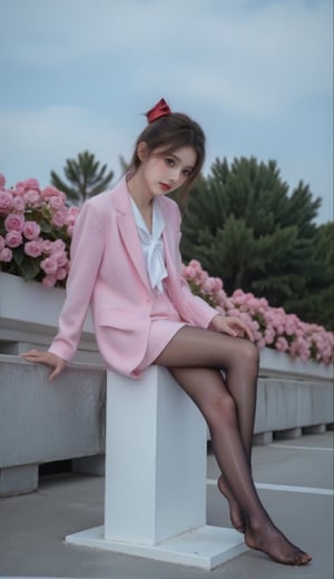 hd,,close up,A girl dressed in a pink and white school uniform, adorned with a red bow in her hair. She is perched on a concrete railing, her left hand resting on the railing. The woman's right leg is crossed, her right leg resting on a white platform.brown shiny pantyhose,The backdrop, a row of pink flowers can be seen, adding a touch of color to the scene. The sky is a muted blue, with a few wispy clouds in the sky.big eyes,bust shot,In the coffin,
