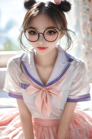 Surreal Portrait Photography of hubggirl, ultra realistic,best quality ,photorealistic,Extremely Realistic, in depth, cinematic light, 

large round glasses,double bun hairstyle,pink bow accessory,white collar blouse,gazing directly at the camera with a gentle expression,kneeling on a white bed,blurred background suggesting a bright,airy room,pastel color palette,delicate and whimsical ambiance,soft-focus effect,high-key lighting,possibly inspired by Japanese anime or schoolgirl fashion aesthetics,

dynamic poses, particle effects, perfect hands, perfect lighting, vibrant colors, intricate details, high detailed skin, intricate background, realistic, raw, analog, taken by Sony Alpha 7R IV, Zeiss Otus 85mm F1.4, ISO 100 Shutter Speed 1/400, Vivid picture, More Reasonable Details