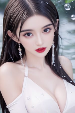 1girl, solo, long hair, breasts, looking at viewer, black hair, dress, bare shoulders, jewelry, medium breasts, upper body, earrings, parted lips, detached sleeves, water, black eyes, from side, lips, sideboob, facial mark, water drop, forehead mark, realistic,bust_shot,