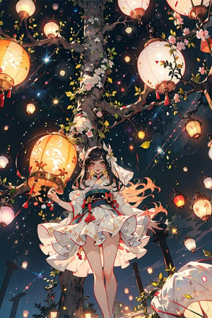 (high quality, masterpiece, soft lighting, gentle colors),1 girl, black hair, slim waist, defined eyelashes, long legs, white lace, wedding dress, white outfit, tulle skirt, ivy, delicate leaf embroidery,wide skirt, long hair, white ribbons,upwind, falling through space, from below, sky lantern, french tip nails