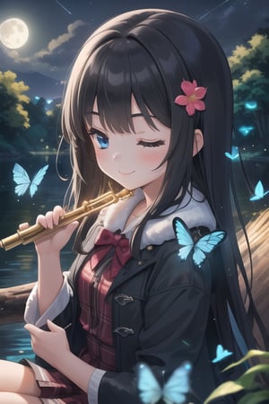 (1 girl , 12 years old, Loli, hair  long,  black hair, bangs, blue eyes) coat , upper body , night , tree , sitting on a log  , park, playing a flute , flower , moon , close eyes , smile , blue butterfly

masterpiece, perfect eyes, ultra-detailed, high,8k, professional, UHD, high illumination, beautiful face, bright colors, high textures , sharp focus, depth of field, cinematic vision , aesthetics, vivid colours 