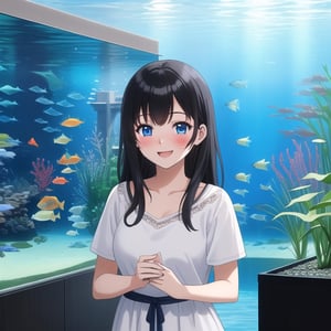 1 single , girl, 12 years old, blue eyes, long hair, black hair, bangs, aquarium, indoor marine park, decorated, casual clothes, smiling, touching a pond, marine wildlife, happy, standing, blushing, masterpiece, ultra detailed, high image, details, 8k quality, professional, UHD, warm colors, illumination
