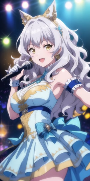 (1 girl , young , 18 year's , hair white, yellow eyes), medium tits,wavy hair, long hair ,singer dress, dance, decorated dress , hair decorations, dianema , microphone, smile

masterpiece, perfect eyes, ultra-detailed, high,8k, professional, UHD, high illumination, beautiful face, bright colors, high textures , sharp focus, depth of field, cinematic vision , aesthetics, vivid colours of 