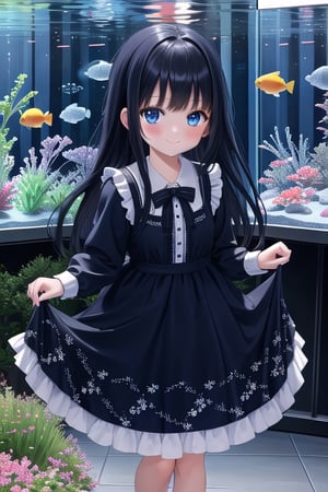 1 girl , small , 12 years ,  solo , blue eyes , dress , walking , black hair , long hair , blush , fringe , aquarium , smiling , complete view

ultra detailed , professional, UHD , beautiful face, bright colors, high textures , sharp focus, depth of field, cinematic vision , aesthetics, vivid colours , best quality,incredibly absurdres,high detail eyes